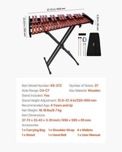 VEVOR Ksilofonas-glockenspiel, 37 natų, medinis, su reguliuojamo aukščio stovu, 4 lazdelėmis ir nešiojimo krepšiu