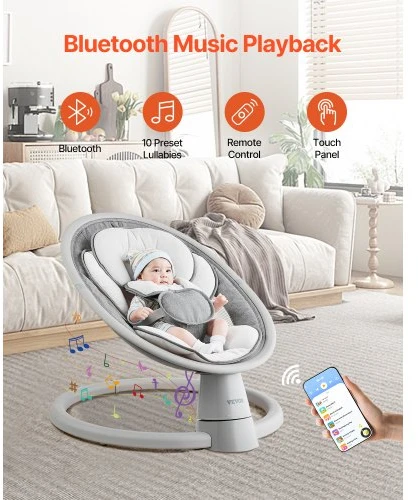VEVOR Kūdikių sūpynės BB702A, 5 greičių, su nuotoliniu valdymu, Bluetooth, iki 9kg