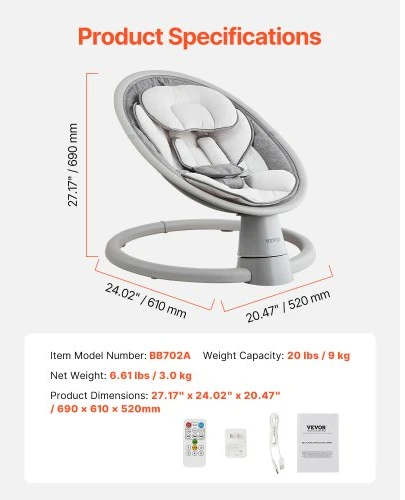 VEVOR Kūdikių sūpynės BB702A, 5 greičių, su nuotoliniu valdymu, Bluetooth, iki 9kg