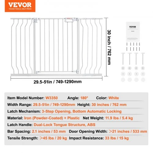 VEVOR Kūdikių varteliai W3350, 75-129 cm, aukštis 76 cm, balti