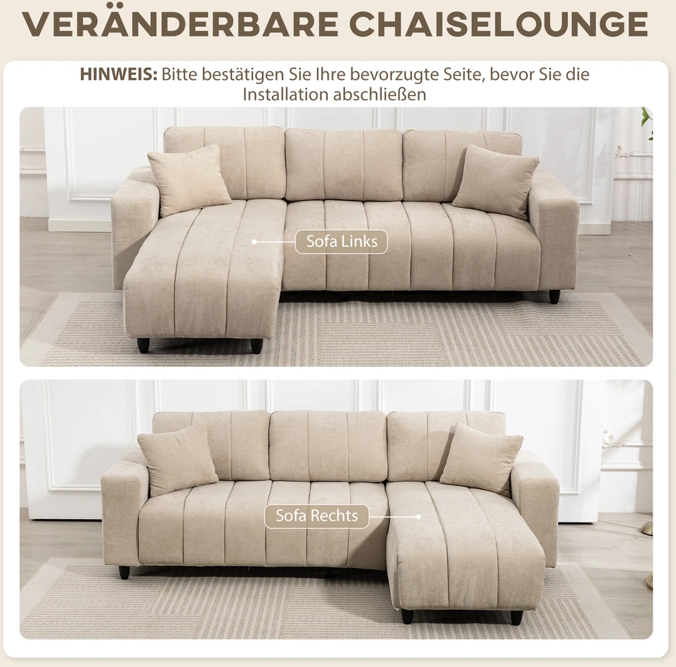 Aosom L formos kampinė sofa su keičiamu gultu, 3 vietų sofa su 2 pagalvėmis, metalinis rėmas, smėlio