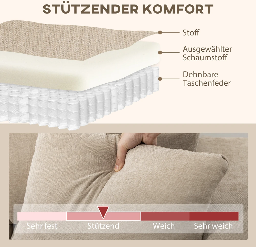 Aosom L formos kampinė sofa su keičiamu gultu, 3 vietų sofa su 2 pagalvėmis, metalinis rėmas, smėlio