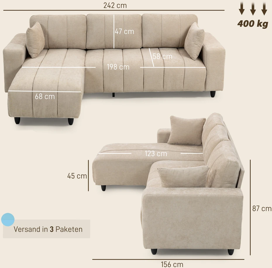 Aosom L formos kampinė sofa su keičiamu gultu, 3 vietų sofa su 2 pagalvėmis, metalinis rėmas, smėlio