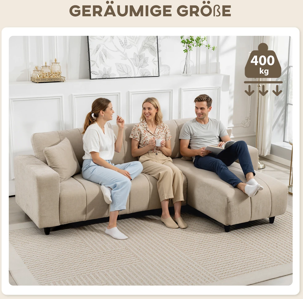 Aosom L formos kampinė sofa su keičiamu gultu, 3 vietų sofa su 2 pagalvėmis, metalinis rėmas, smėlio