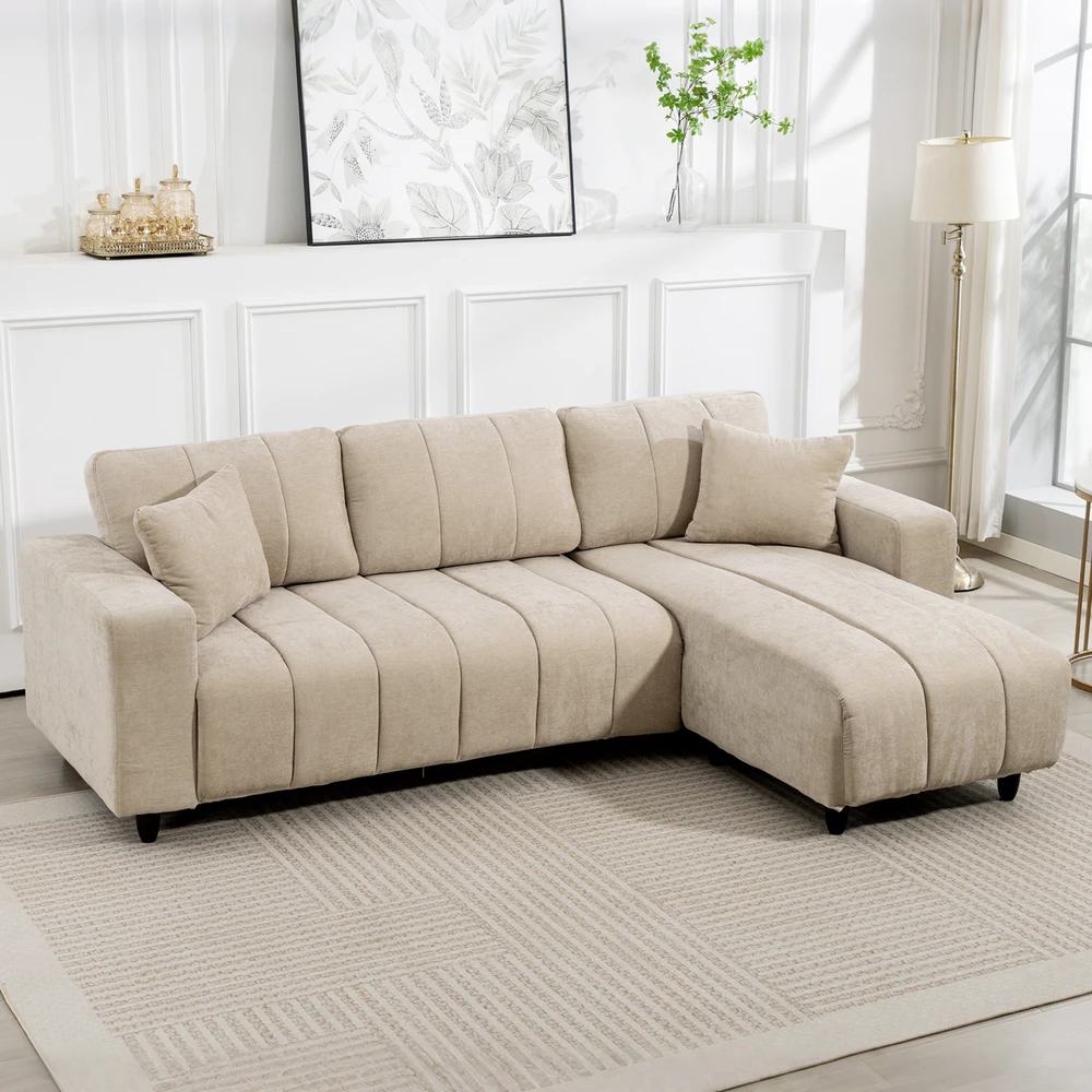 Aosom L formos kampinė sofa su keičiamu gultu, 3 vietų sofa su 2 pagalvėmis, metalinis rėmas, smėlio