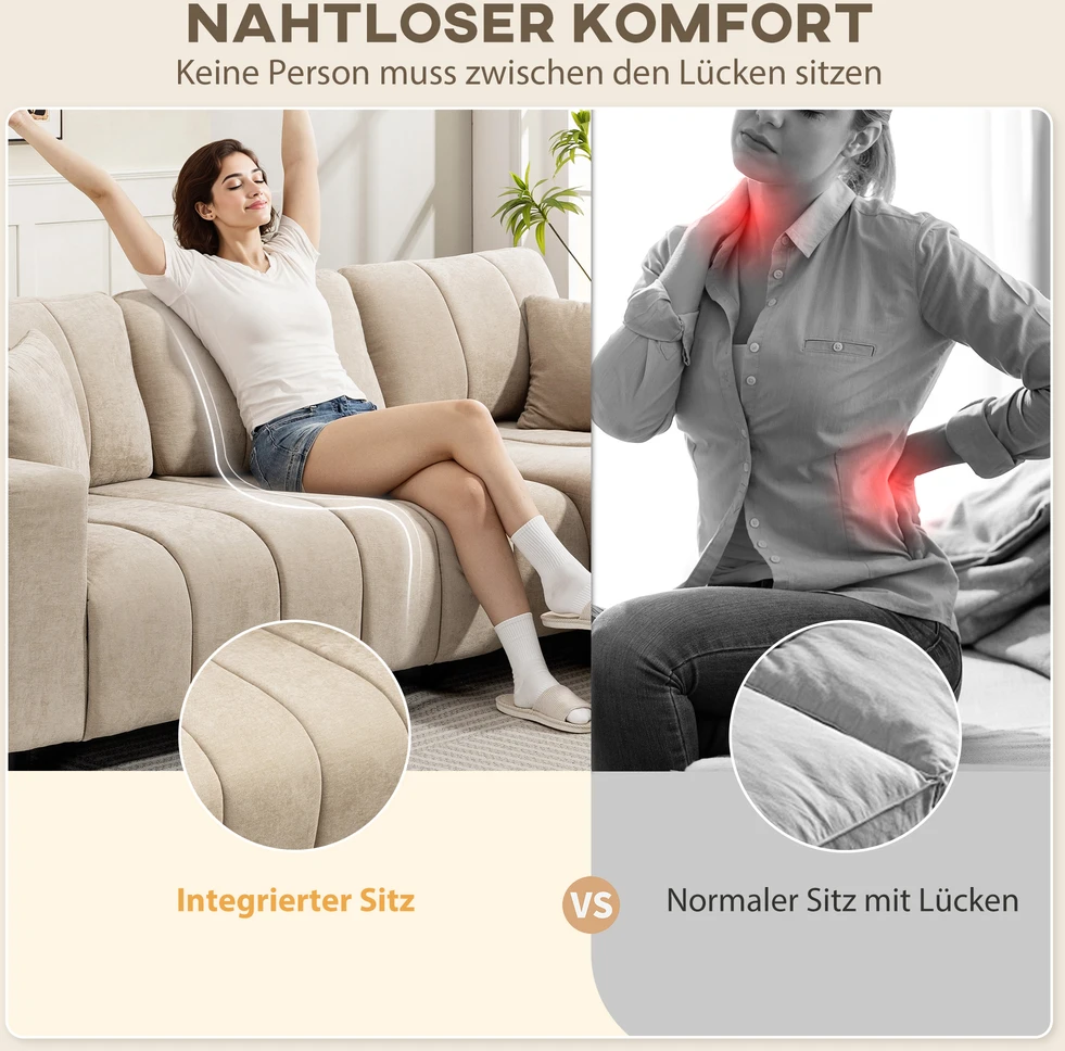 Aosom L formos kampinė sofa su keičiamu gultu, 3 vietų sofa su 2 pagalvėmis, metalinis rėmas, smėlio