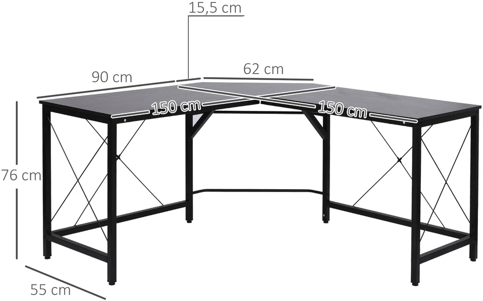 Aosom L formos kampinis rašomasis stalas, MDF, juodas, 150 x 150 x 76 cm