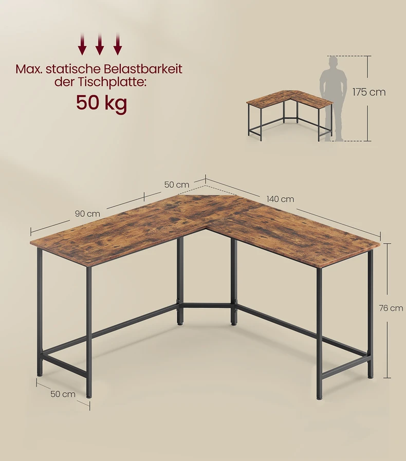 Koduva L formos kompiuterinis stalas, 140 x 140 x 75 cm, medžio drožlių plokštė ir plienas, rudas-juodas