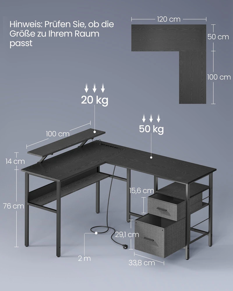 Koduva L formos rašomasis stalas, juodas, 150 x 120 x 76 cm, su monitoriaus stovu ir lizdais