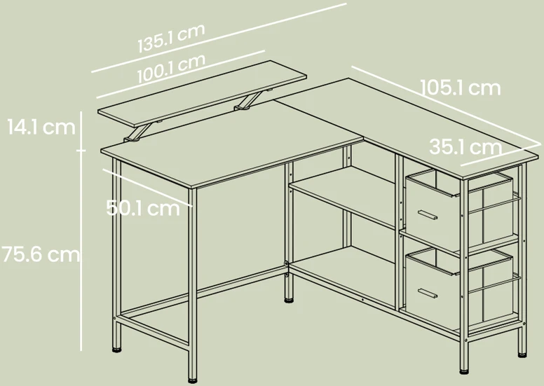 Koduva L formos rašomasis stalas su 2 stalčiais ir monitoriaus stovu, rudas, 105,1 x 135,1 x 89,6 cm