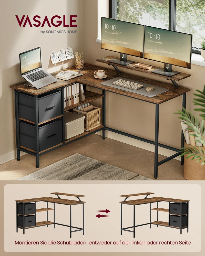 Koduva L formos rašomasis stalas su 2 stalčiais ir monitoriaus stovu, 105 x 135 x 89,5 cm, rudas