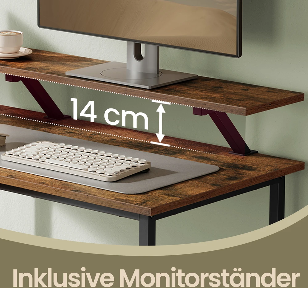 Koduva L formos rašomasis stalas su 2 stalčiais ir monitoriaus stovu, rudas, 105,1 x 135,1 x 89,6 cm