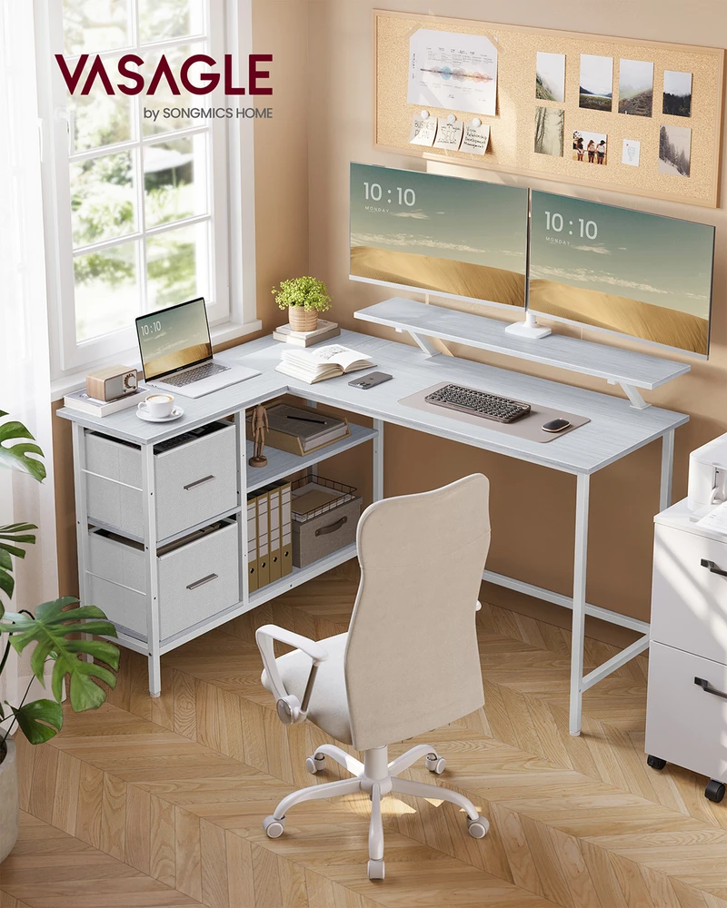 Koduva L formos rašomasis stalas su 2 stalčiais ir monitoriaus stovu, 105 x 135 x 89,5 cm, balta