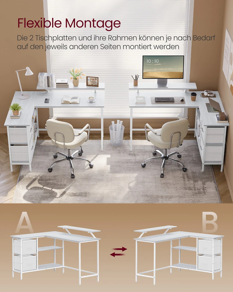 Koduva L formos rašomasis stalas su 2 stalčiais ir monitoriaus stovu, 105 x 135 x 89,5 cm, balta