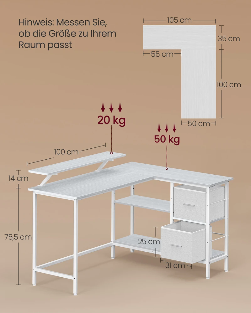 Koduva L formos rašomasis stalas su 2 stalčiais ir monitoriaus stovu, 105 x 135 x 89,5 cm, balta
