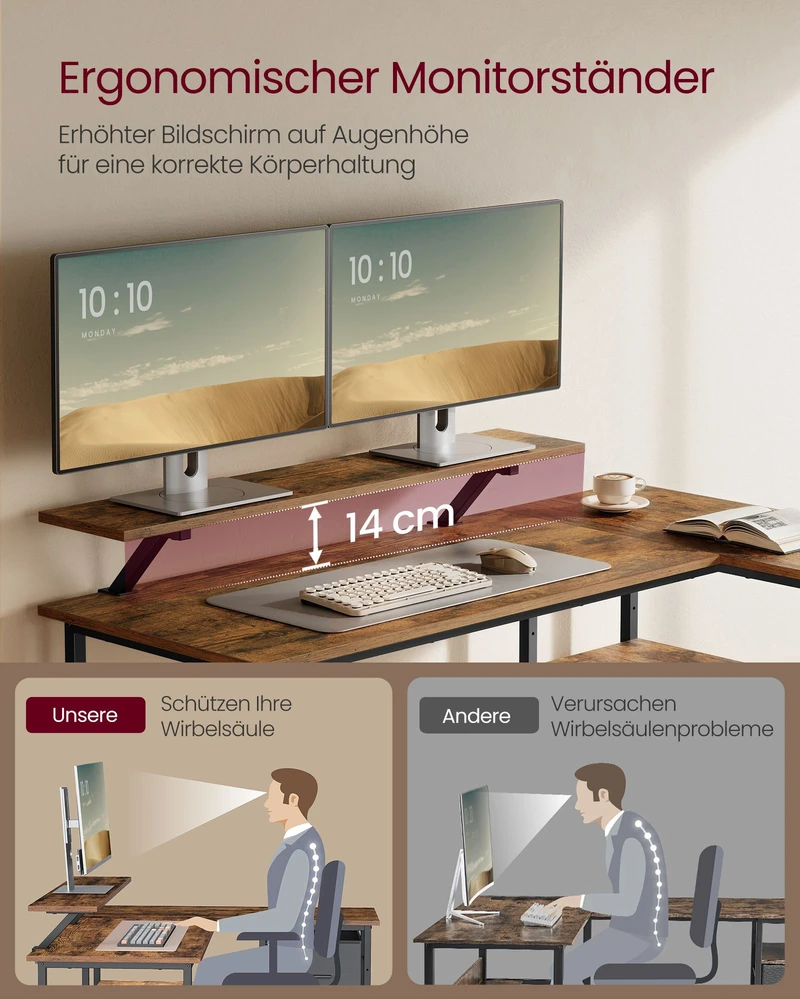 Koduva L formos rašomasis stalas su 2 stalčiais ir monitoriaus stovu, 105 x 135 x 89,5 cm, rudas