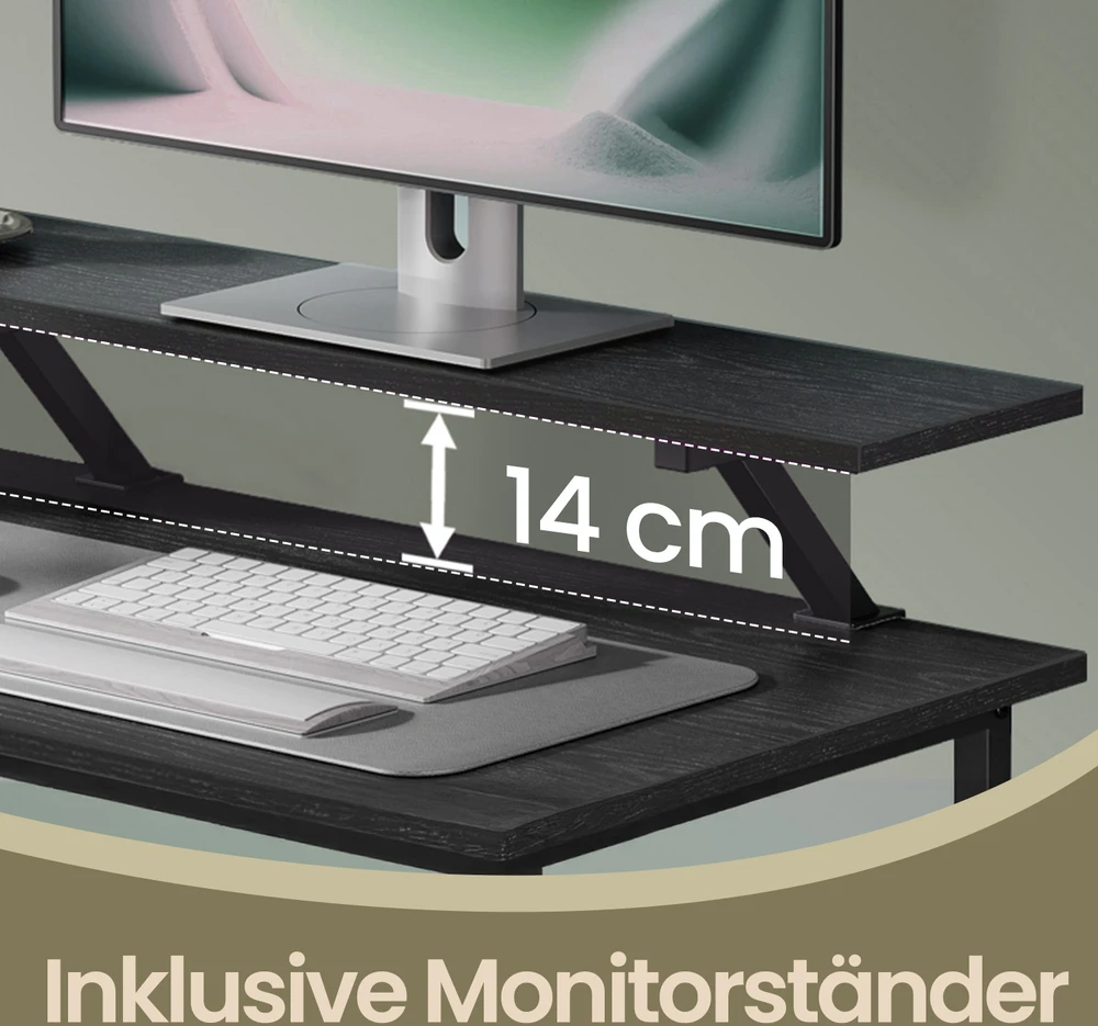 Koduva L formos rašomasis stalas su lizdais ir monitoriaus stovu, juodas, 120 x 150 x 76 cm
