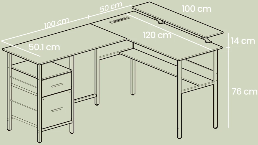 Koduva L formos rašomasis stalas su lizdais ir monitoriaus stovu, juodas, 120 x 150 x 76 cm