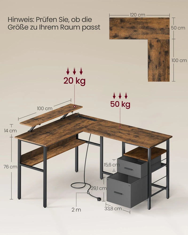 Koduva L formos rašomasis stalas, vintažinės rudos spalvos, su lizdais, 150 x 120 x 76 cm