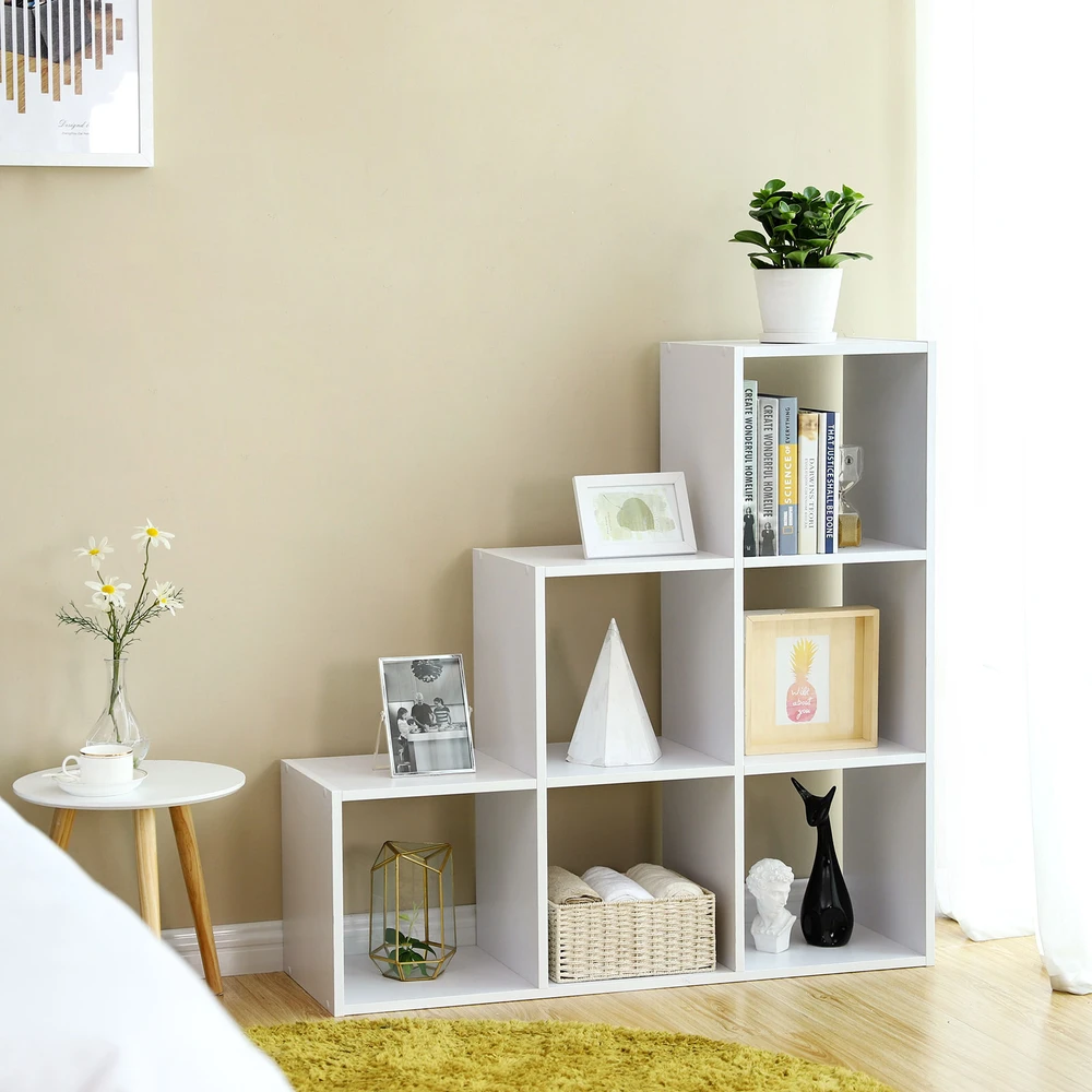Songmics Laiptų formos knygų lentyna su 6 atvirais skyriais, balta, 97,5 x 97,5 x 29 cm