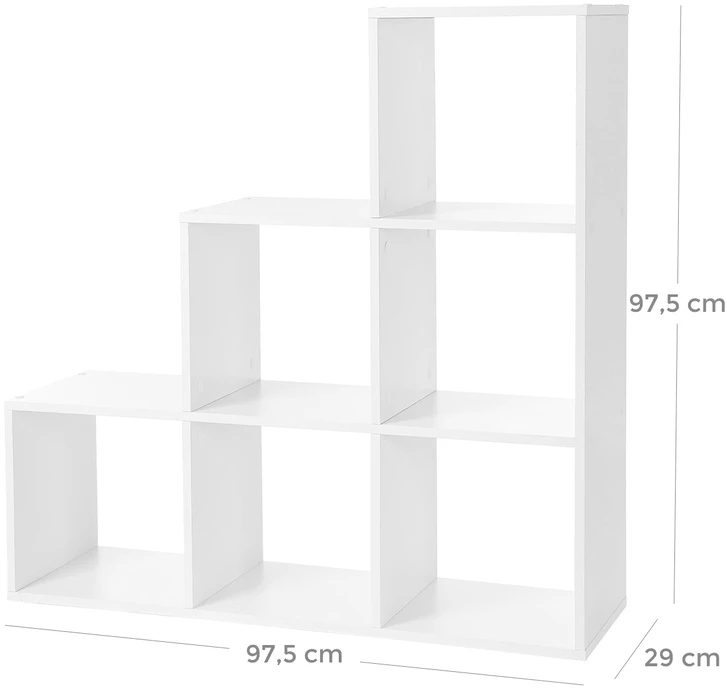 Songmics Laiptų formos knygų lentyna su 6 atvirais skyriais, balta, 97,5 x 97,5 x 29 cm