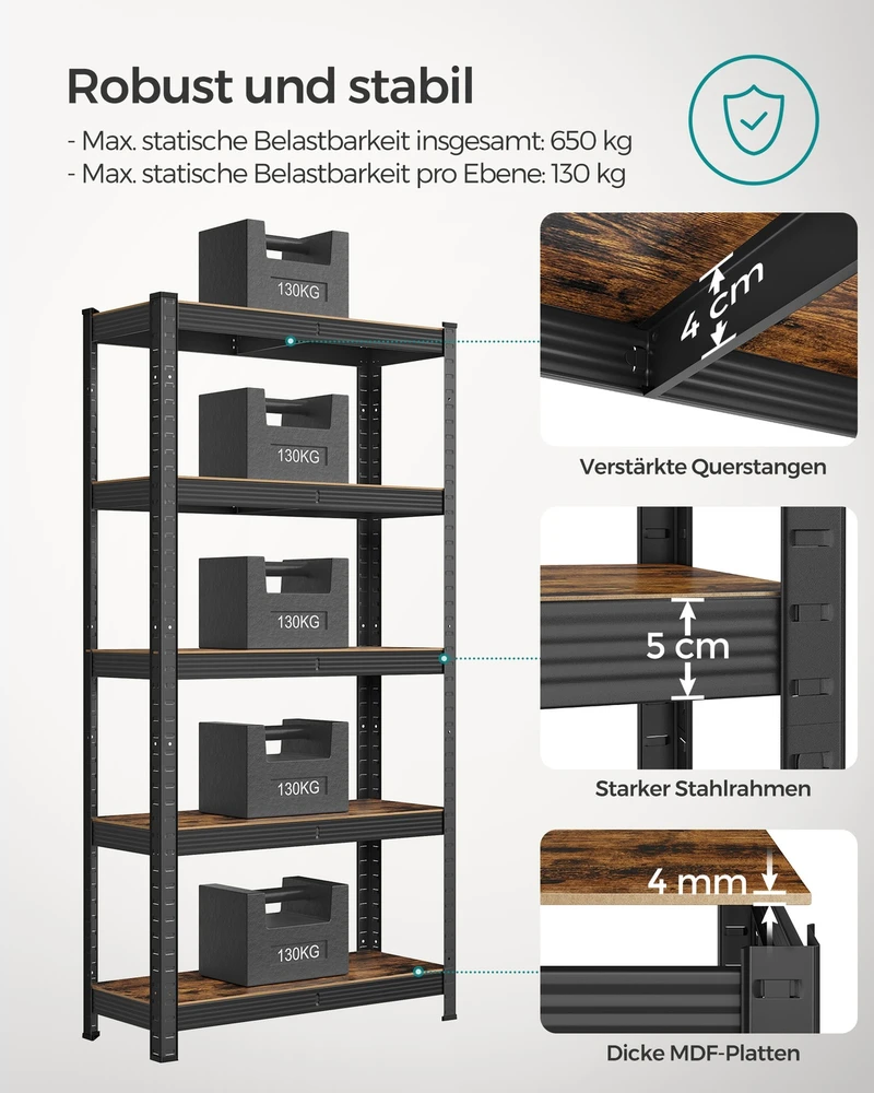 Koduva Laisvai pastatoma lentyna su 5 lentynomis, 150 x 75 x 30 cm, iki 650 kg, juoda, sendinta ruda
