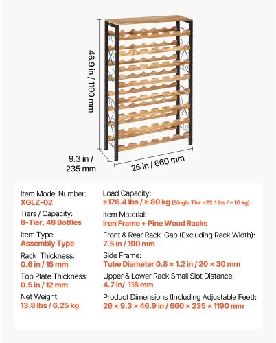 VEVOR Laisvai pastatoma vyno lentyna, 48 buteliams, 8 aukštų, geležis ir pušies mediena, 66 x 24 x 119 cm