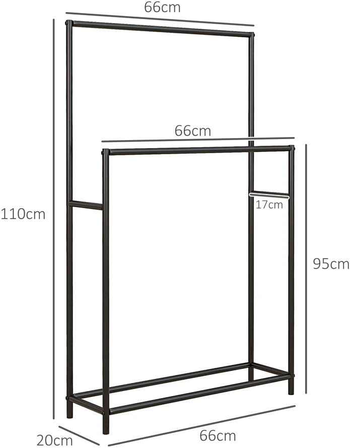 Aosom Laisvai pastatomas rankšluosčių laikiklis su 2 skersiniais, juodas, 66 x 20 x 110 cm