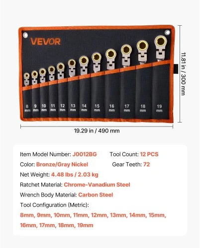 VEVOR Lankstomų terkšlinių veržliarakčių rinkinys, 12 vnt., 8-19 mm, Cr-V plienas, su dėklu