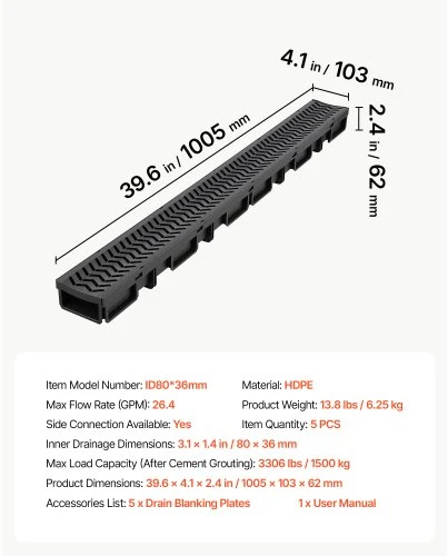 VEVOR Latakinis drenažo kanalas, 5 vnt., HDPE, juodas, 1005 x 103 x 62 mm