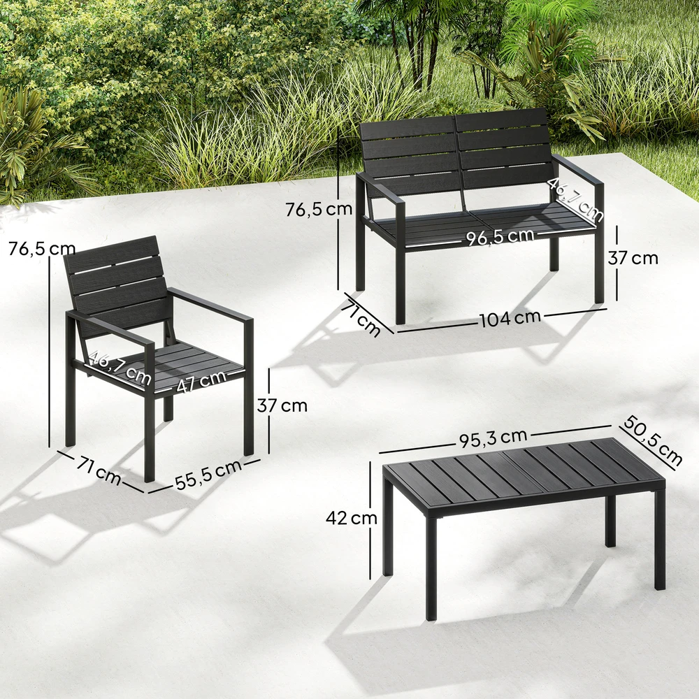 Aosom Lauko baldų komplektas 4 asmenims, 2-vietė sofa, 2 foteliai, platus kavos staliukas, HDPE lentelės, juodas