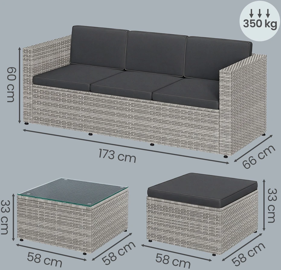 Koduva Lauko baldų komplektas iš PE poliratano, 3 vietų sofa, staliukas ir pakojis, pilkas