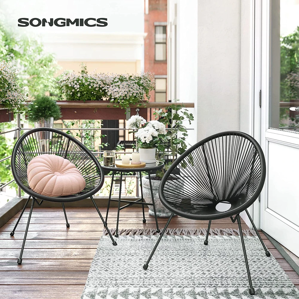 Songmics Lauko kėdžių komplektas su staliuku, 3 dalių, juodas, plienas/PE, stiklinis stalviršis