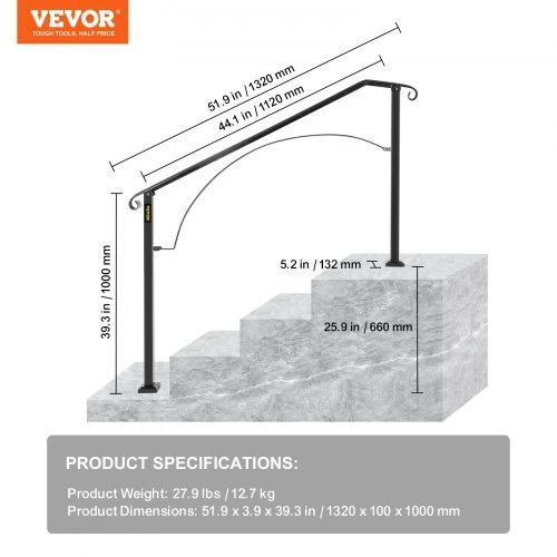 VEVOR Lauko laiptų turėklas Arch#3, 3–4 pakopoms, kaltinė geležis, juodas, 111 cm