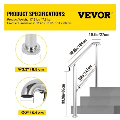 Koduva Lauko laiptų turėklas VEVOR BXG-5STEP, 304 nerūdijantis plienas, sidabro spalvos, 161 x 86 cm