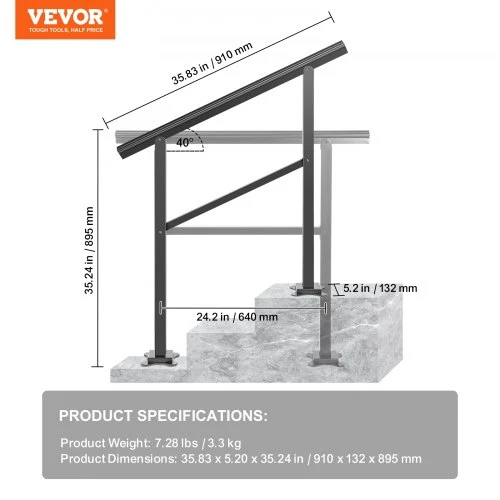 Koduva Lauko laiptų turėklas VEVOR LZHG-3FT, aliuminis, juodas, 91 x 90 cm, 2-3 pakopoms