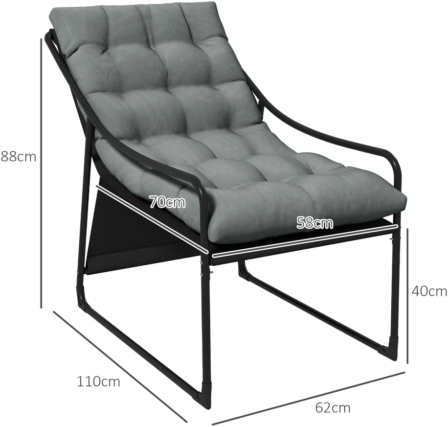 Aosom Lauko lounge kėdė, storas paminkštinimas, nerūdijančio plieno rėmas, 62 x 110 x 88 cm, pilka / juoda