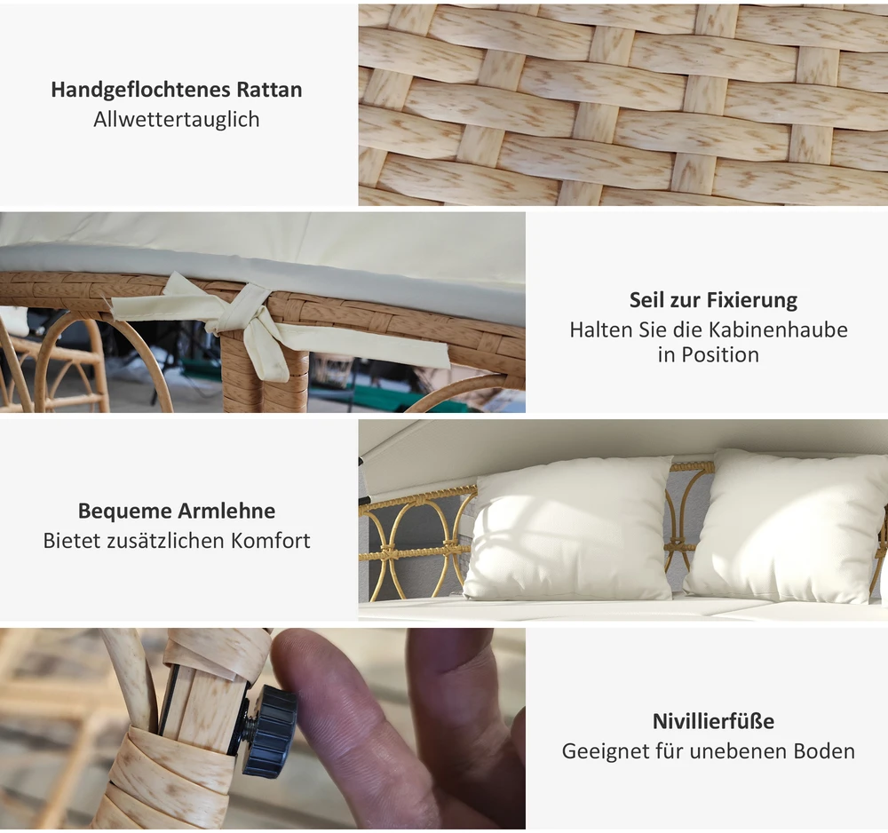 Lauko baldų komplektas Aosom Lauko poilsio komplektas, 4 dalių, ištraukiamas stogas, 5 pagalvėlės, pintos vytelės išvaizda, kreminė balta, 178 x 85 x 66,5 cm