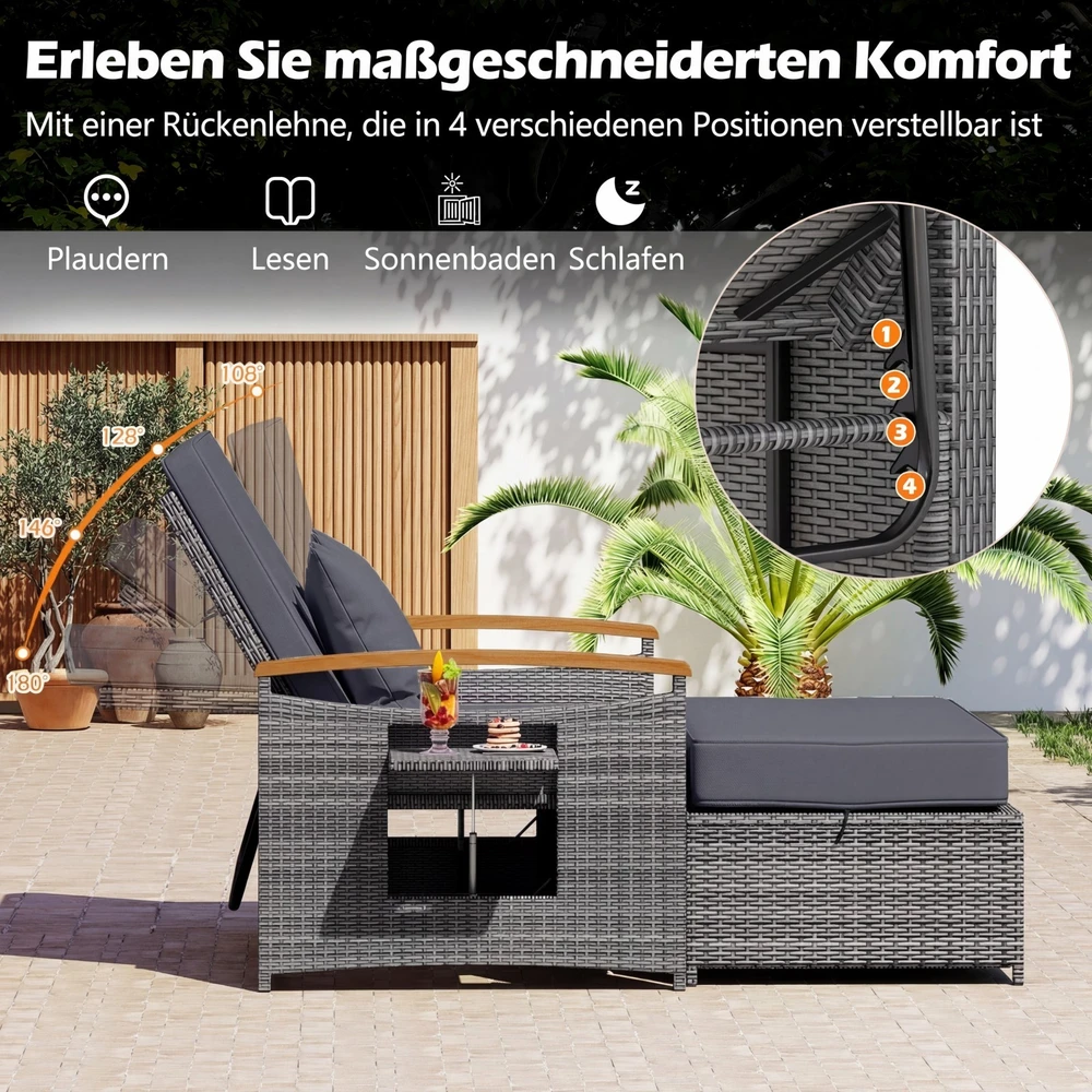 Promotion Lauko rattaninis gultas su pufu ir saugykla, pilkas
