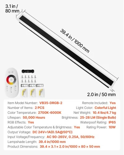 VEVOR Lauko sieninis šviestuvas, 2 vnt., RGB, 100 cm, 2700K-6000K