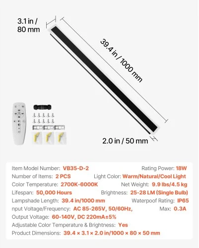 VEVOR Lauko sieninis šviestuvas, 2 vnt., 100 cm, reguliuojama 2700K-6000K