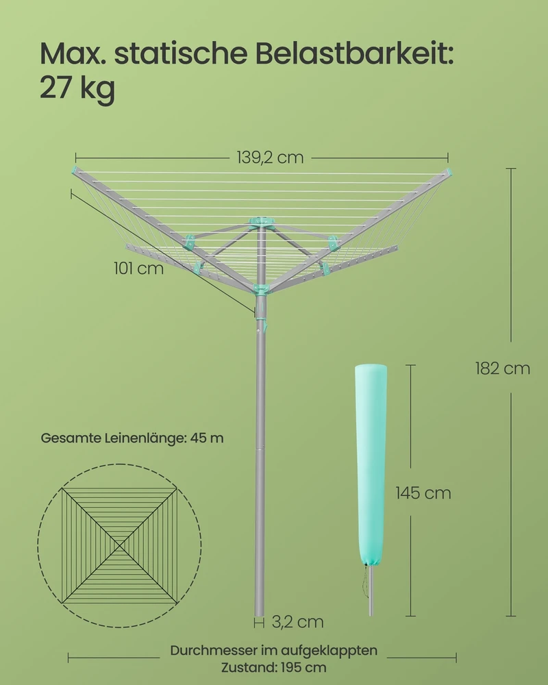 Songmics Lauko skėtinis skalbinių džiovintuvas su uždangalu, 45 m virve, sidabrinis, 139,2 x 139,2 x 182 cm