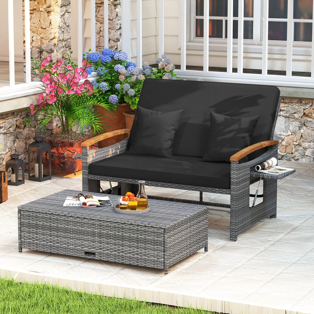 Promotion Lauko sofa su pufu ir daiktadėže, 2 vietų, juoda