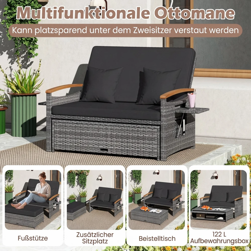 Promotion Lauko sofa su pufu ir daiktadėže, 2 vietų, juoda