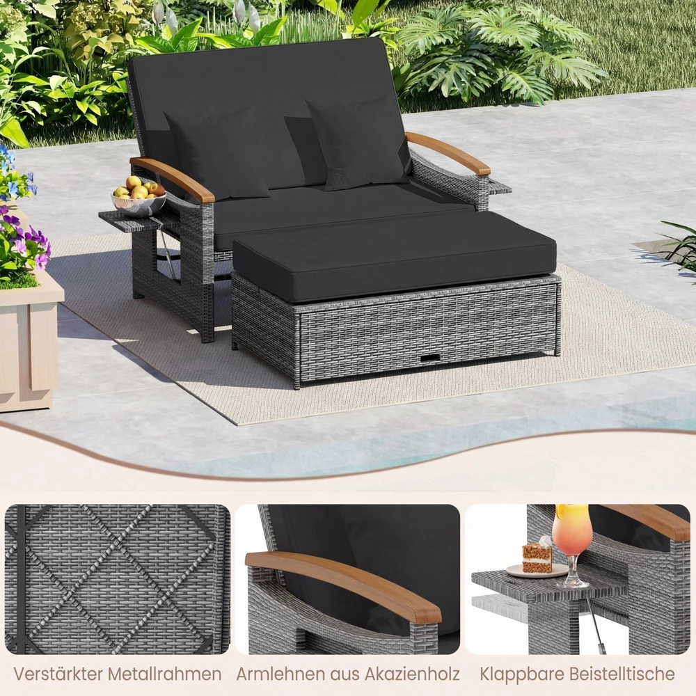 Promotion Lauko sofa su pufu ir daiktadėže, 2 vietų, juoda