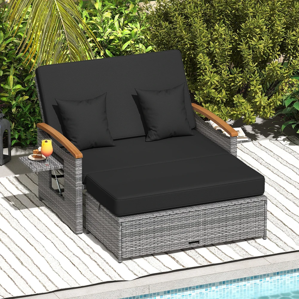 Promotion Lauko sofa su pufu ir daiktadėže, 2 vietų, juoda