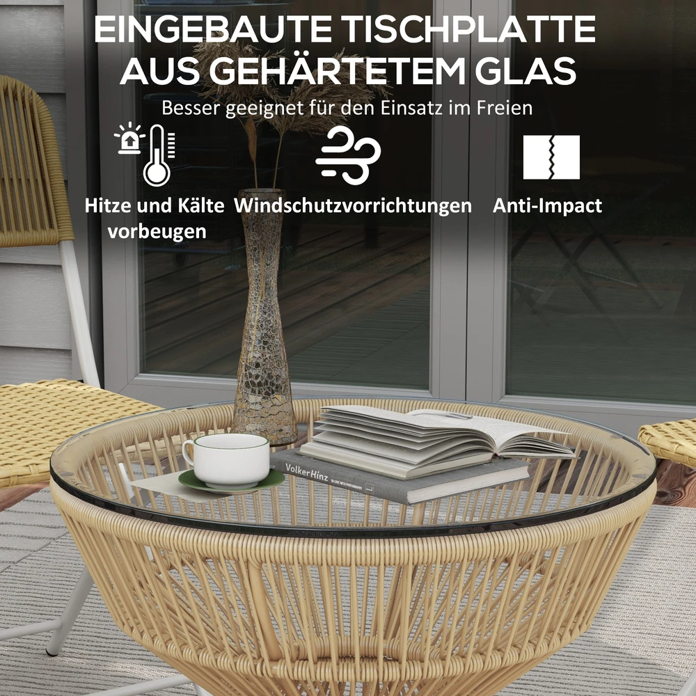 Aosom Lauko šoninis staliukas, PE ротangas, stiklinis stalviršis, natūralaus medžio spalva, 60 x 60 x 50 cm