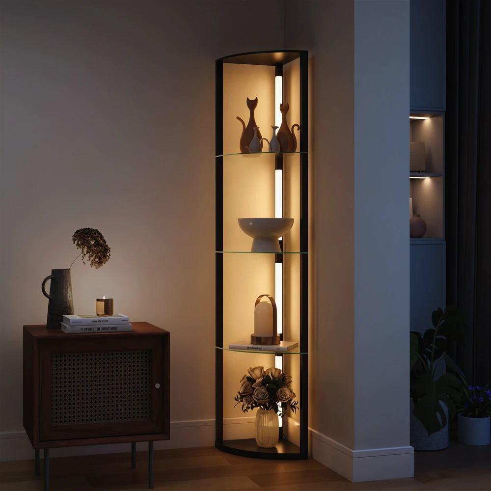 Aosom LED grindinė lempa su stiklinėmis lentynomis, juoda, 41,5 x 29,5 x 162 cm
