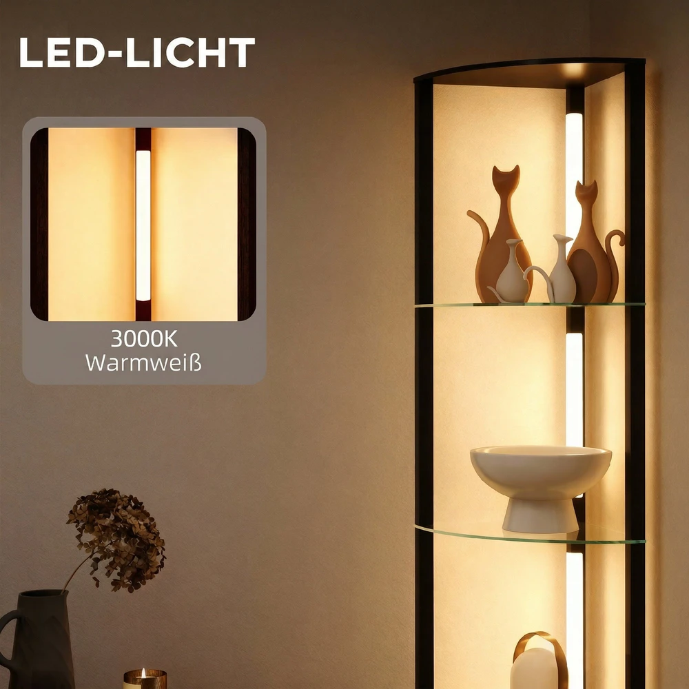 Aosom LED grindinė lempa su stiklinėmis lentynomis, juoda, 41,5 x 29,5 x 162 cm
