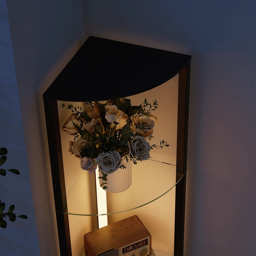 Aosom LED grindinė lempa su stiklinėmis lentynomis, juoda, 41,5 x 29,5 x 162 cm